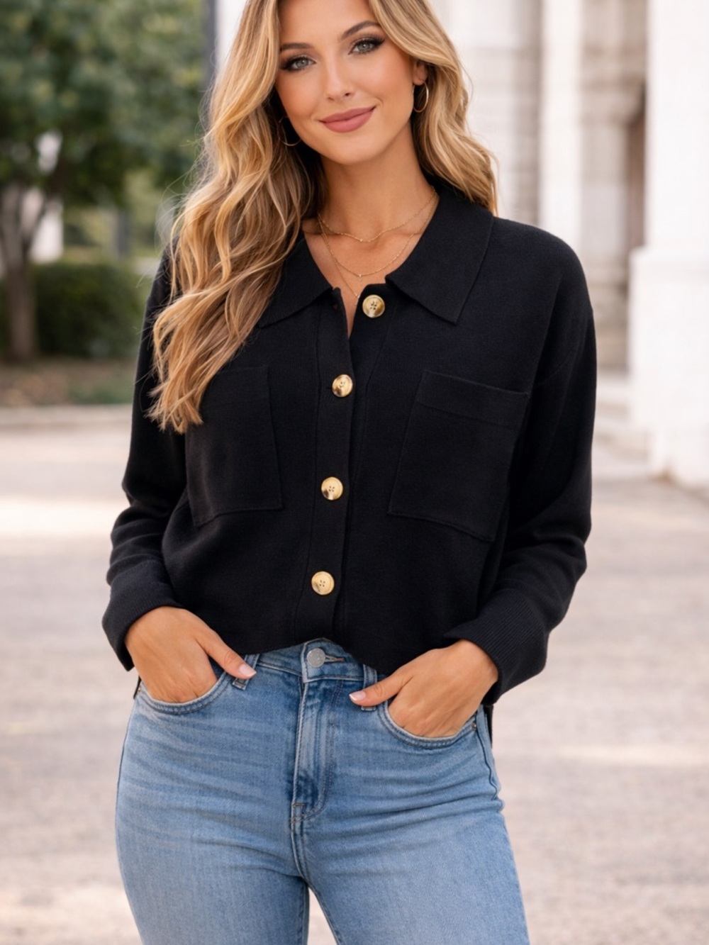 Sioni Black Cardigan w/ Front Pockets and Collar,Classic Prep, Country Club